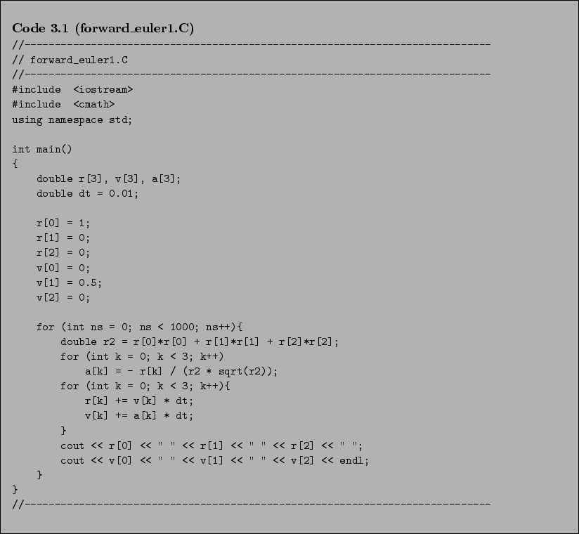 \begin{Code}[forward\_euler1.C]
\small\verbatiminput{chap3/forward_euler1.C} \end{Code}