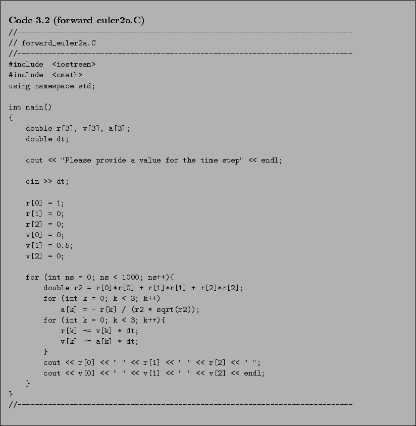 \begin{Code}[forward\_euler2a.C]
\small\verbatiminput{chap3/forward_euler2a.C} \end{Code}