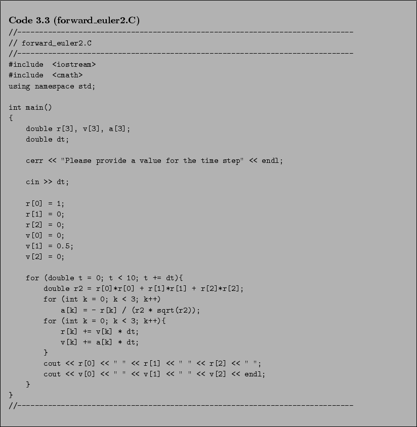 \begin{Code}[forward\_euler2.C]
\small\verbatiminput{chap3/forward_euler2.C} \end{Code}