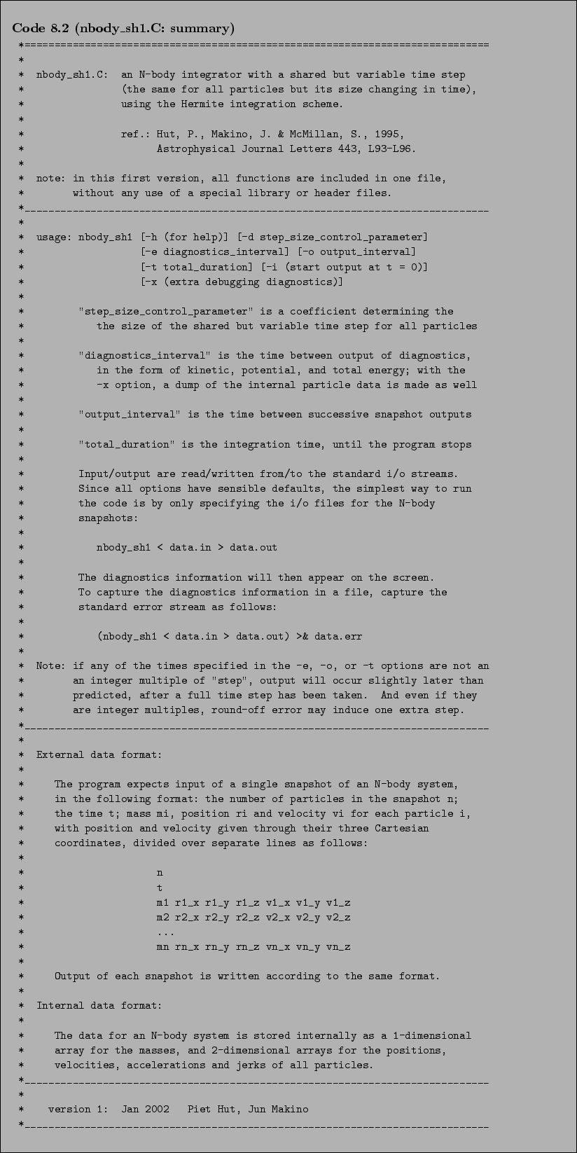 \begin{Code}[nbody\_sh1.C: summary]
\small\verbatiminput{chap8/nbody_sh1.C.1_summary} \end{Code}